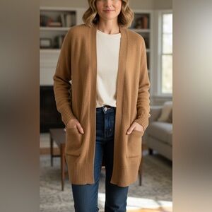 J. Crew Tan Mid - Length Open Cardigan Pockets Lightweight size Medium